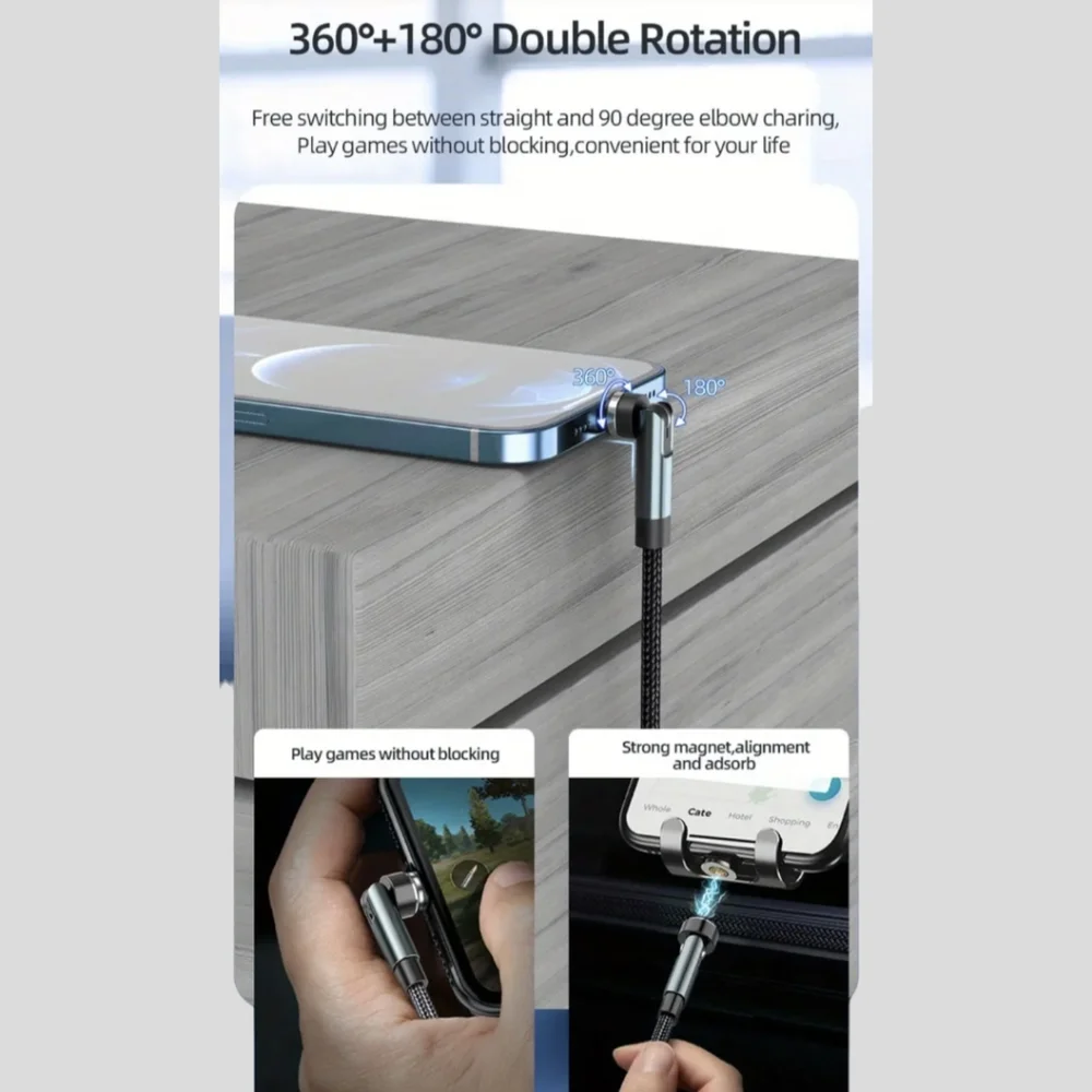 1x Black Magnetic Charging / Data Cable with 3x Charger Heads 540° Rotation